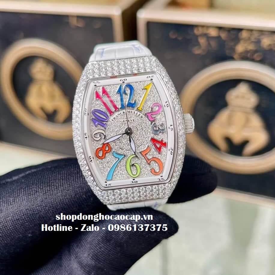 Đồng Hồ Franck Muller V32 Siêu Cấp Nữ Silicon Trắng Đính Đá Bạc 34mm