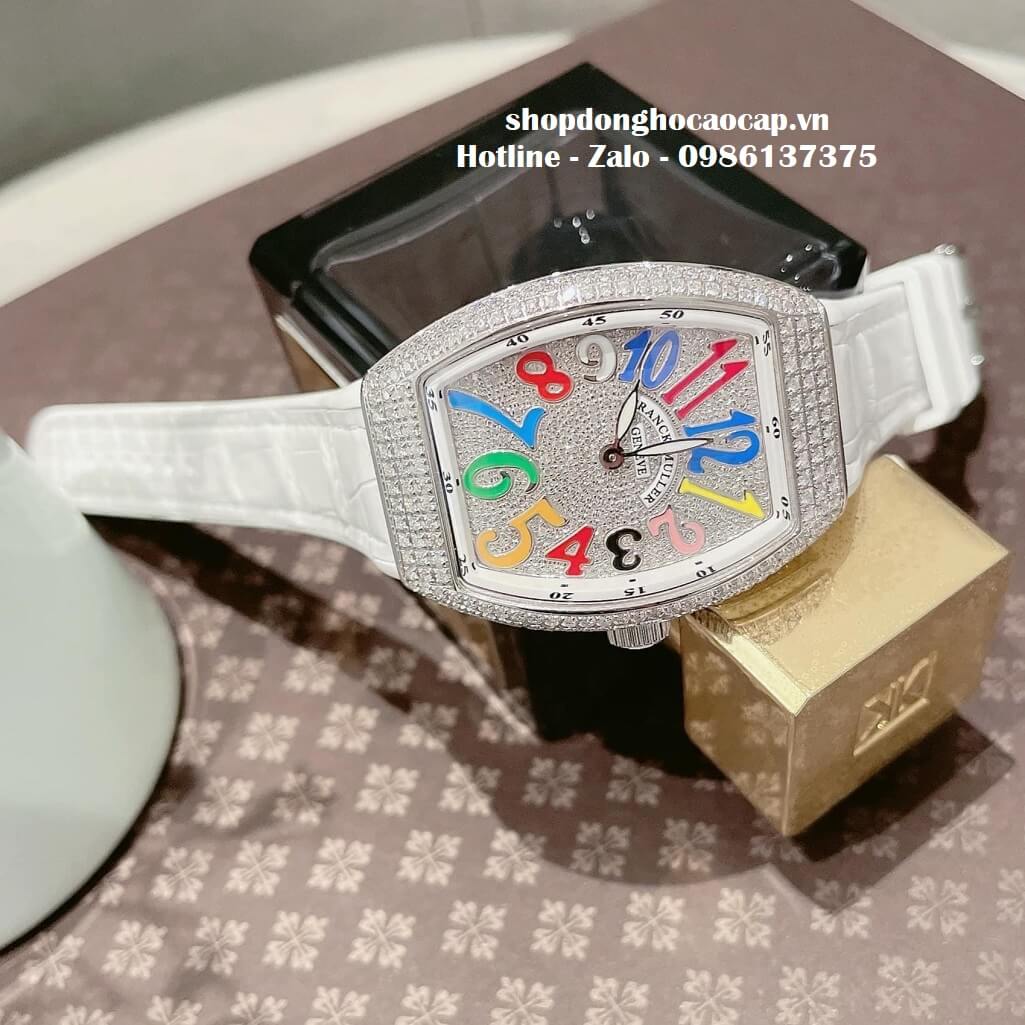 Đồng Hồ Franck Muller V32 Siêu Cấp Nữ Silicon Trắng Đính Đá Bạc 34mm