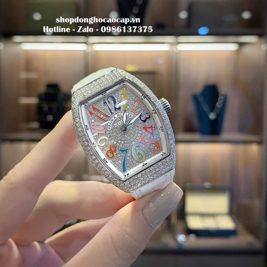 Đồng Hồ Franck Muller V32 Siêu Cấp Nữ Silicon Trắng Đính Đá Bạc 34mm