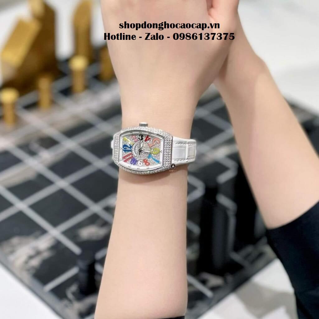 Đồng Hồ Franck Muller V32 Siêu Cấp Nữ Silicon Trắng Đính Đá Bạc 34mm