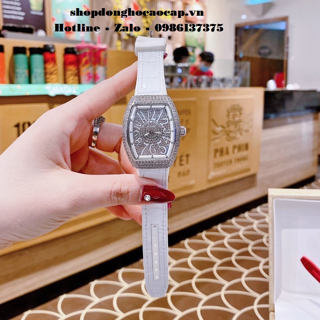 Đồng Hồ Franck Muller Siêu Cấp Nữ Silicon Trắng Đính Đá Bạc 34mm