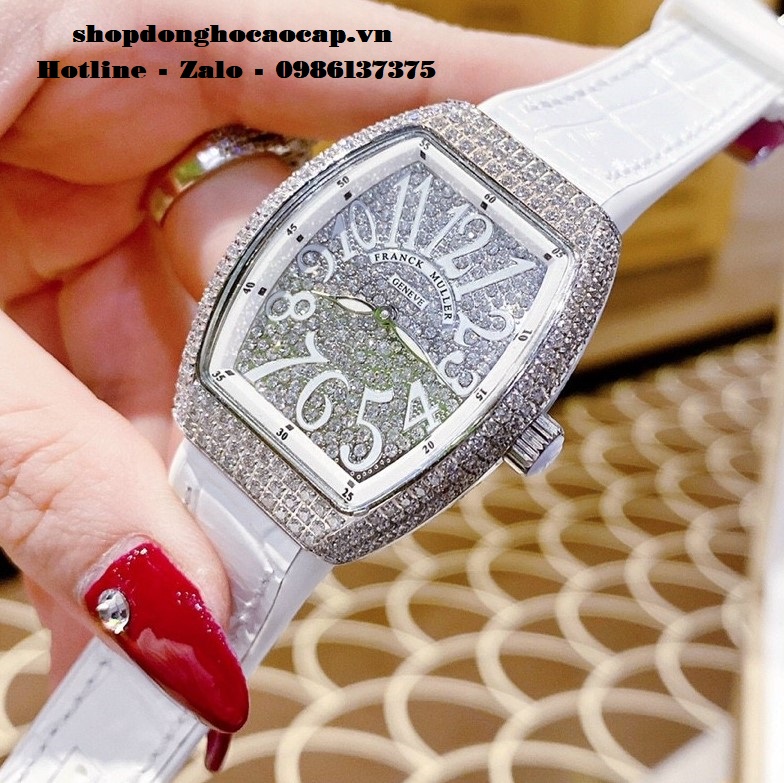 Đồng Hồ Franck Muller Siêu Cấp Nữ Silicon Trắng Đính Đá Bạc 34mm