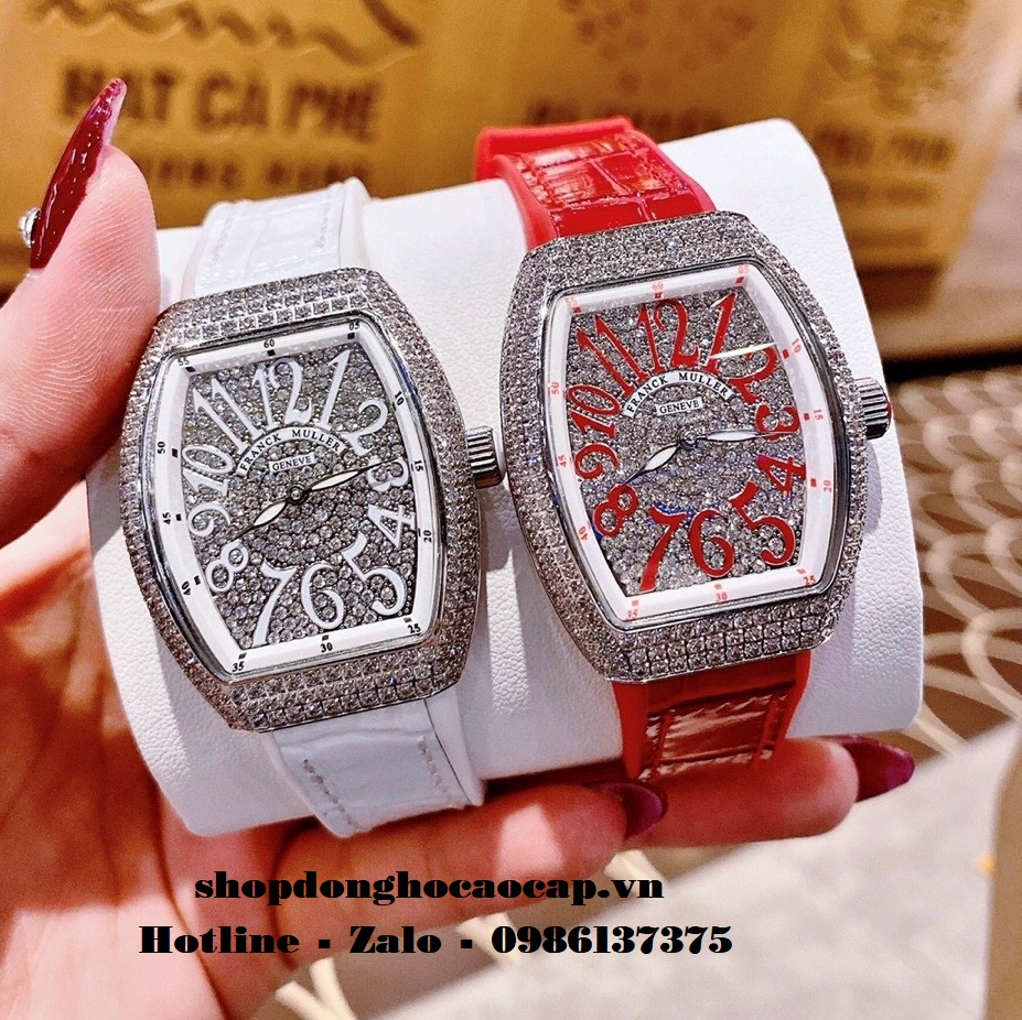 Đồng Hồ Franck Muller Siêu Cấp Nữ Silicon Trắng Đính Đá Bạc 34mm