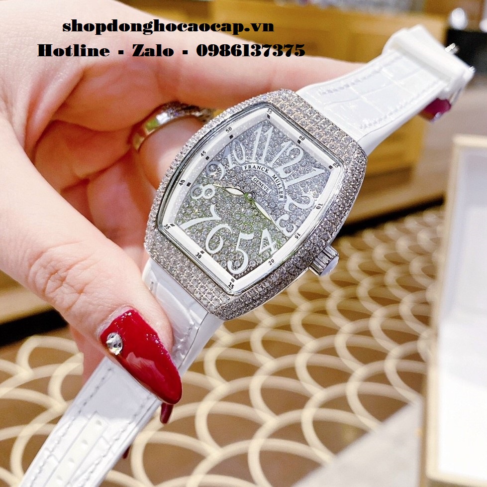 Đồng Hồ Franck Muller Siêu Cấp Nữ Silicon Trắng Đính Đá Bạc 34mm