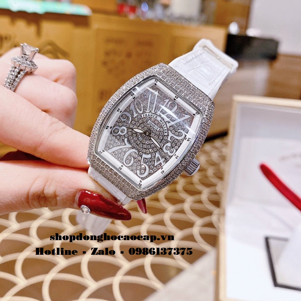 Đồng Hồ Franck Muller Siêu Cấp Nữ Silicon Trắng Đính Đá Bạc 34mm