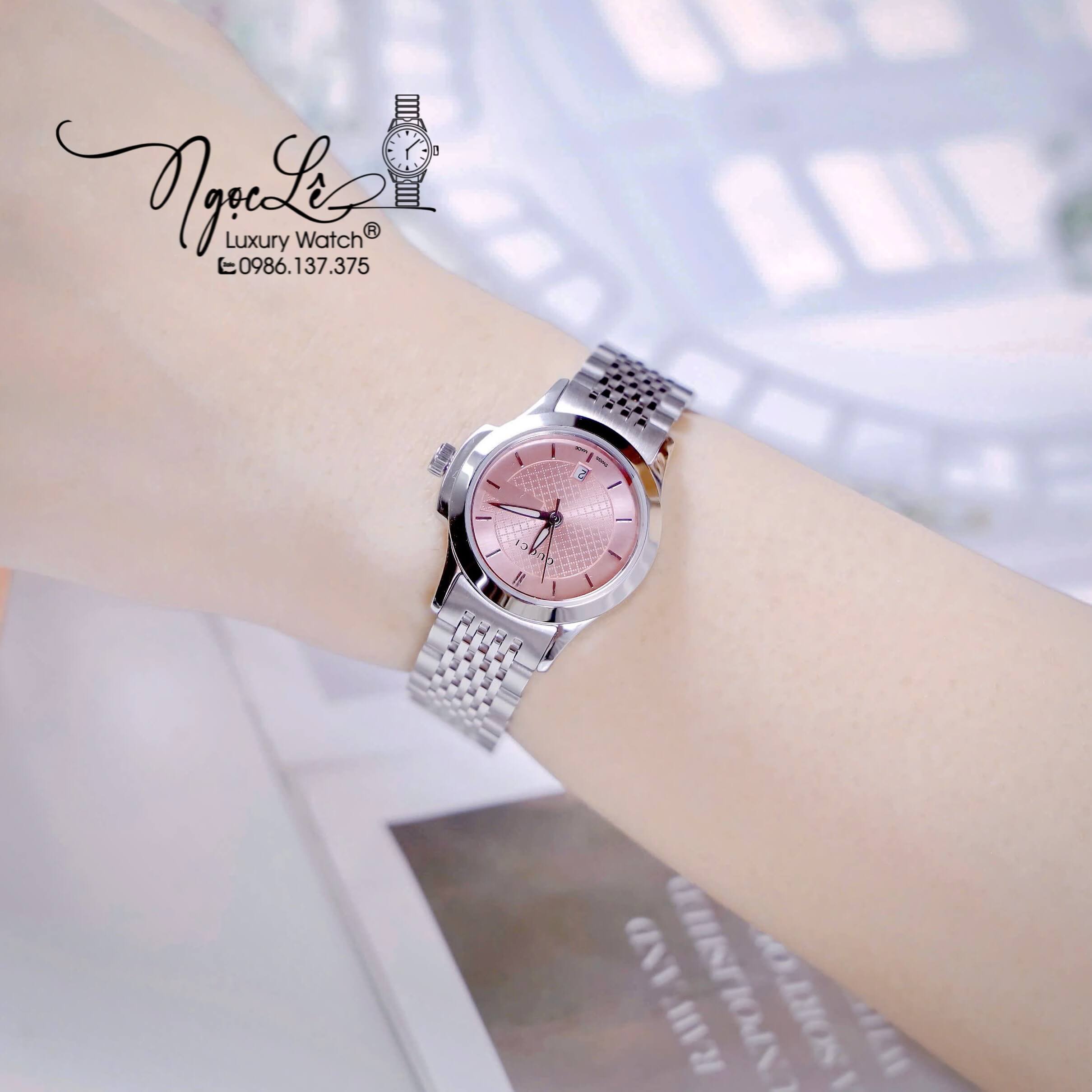 Đồng Hồ Nữ Gucci G-Timeless Pink Dây Kim Loại Silver Mặt Hồng Size 27mm YA126566