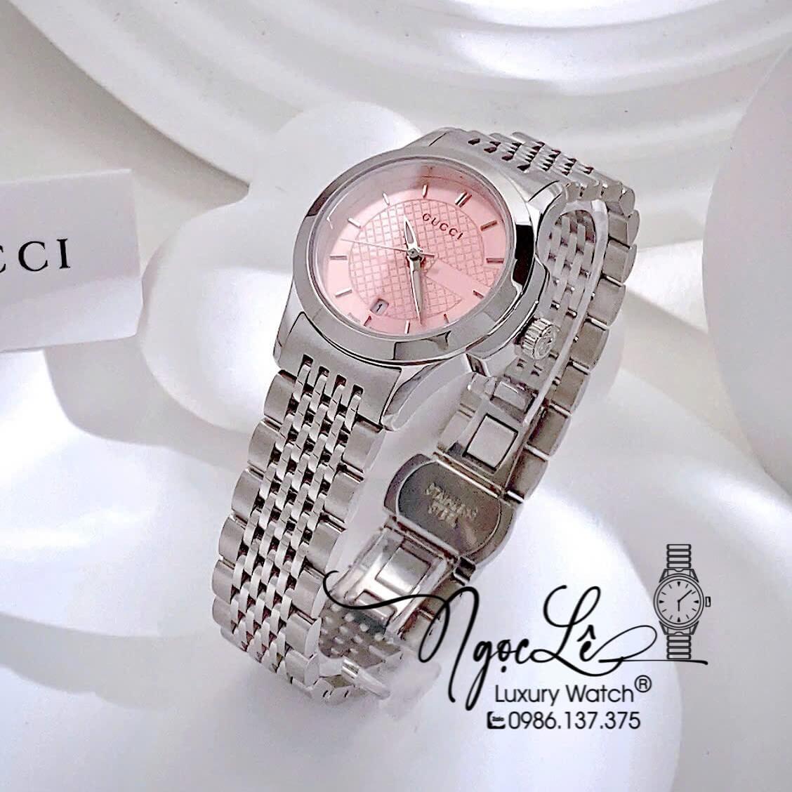 Đồng Hồ Nữ Gucci G-Timeless Pink Dây Kim Loại Silver Mặt Hồng Size 27mm YA126566