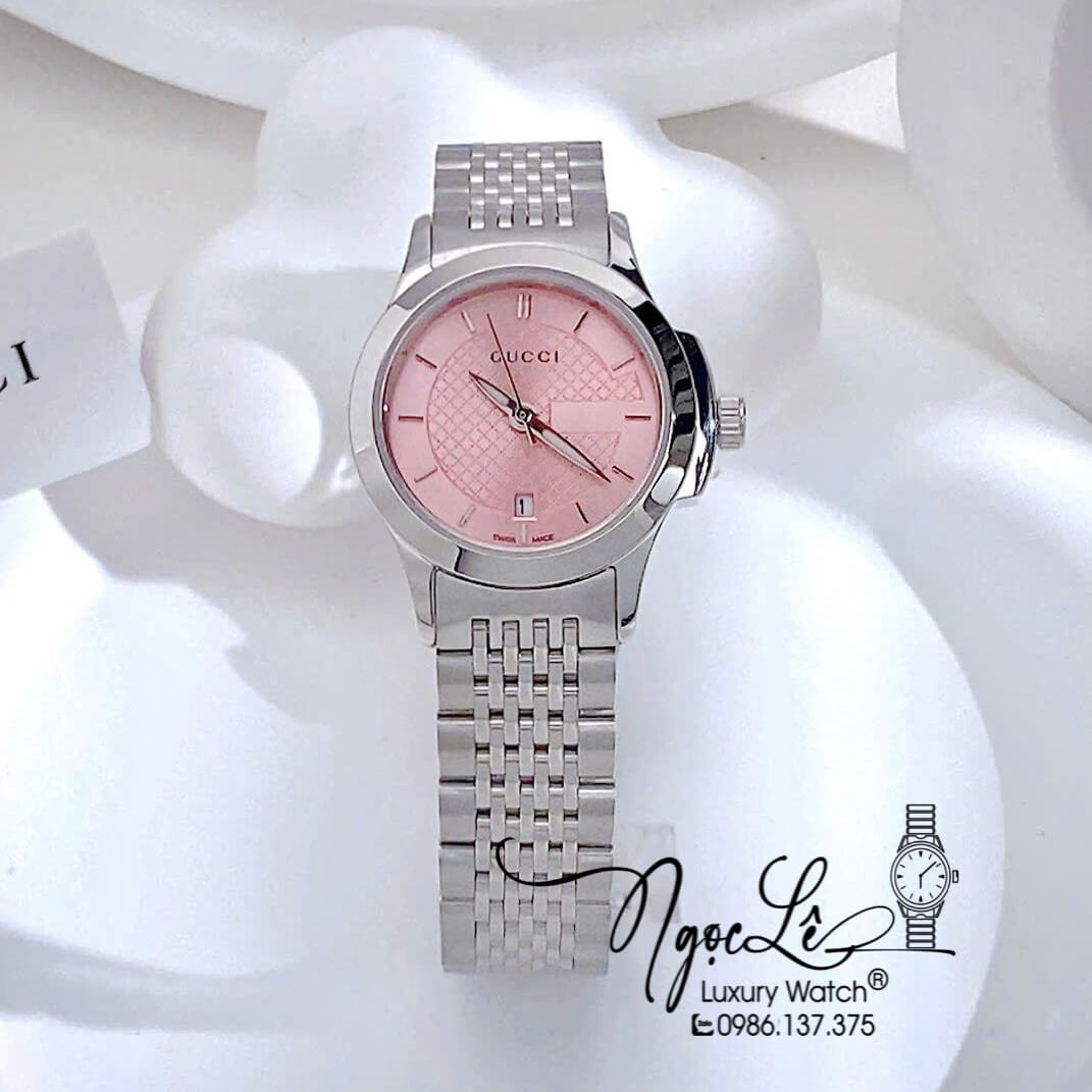 Đồng Hồ Nữ Gucci G-Timeless Pink Dây Kim Loại Silver Mặt Hồng Size 27mm YA126566