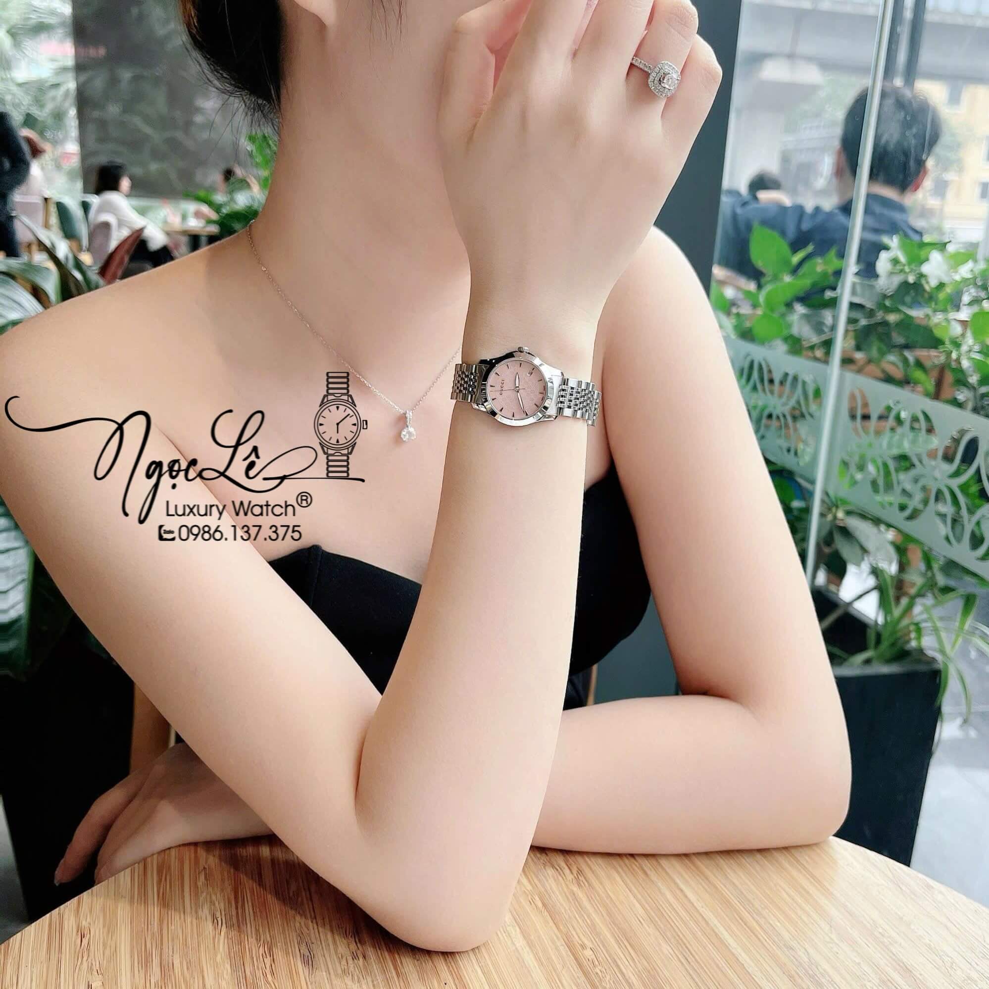Đồng Hồ Nữ Gucci G-Timeless Pink Dây Kim Loại Silver Mặt Hồng Size 27mm YA126566