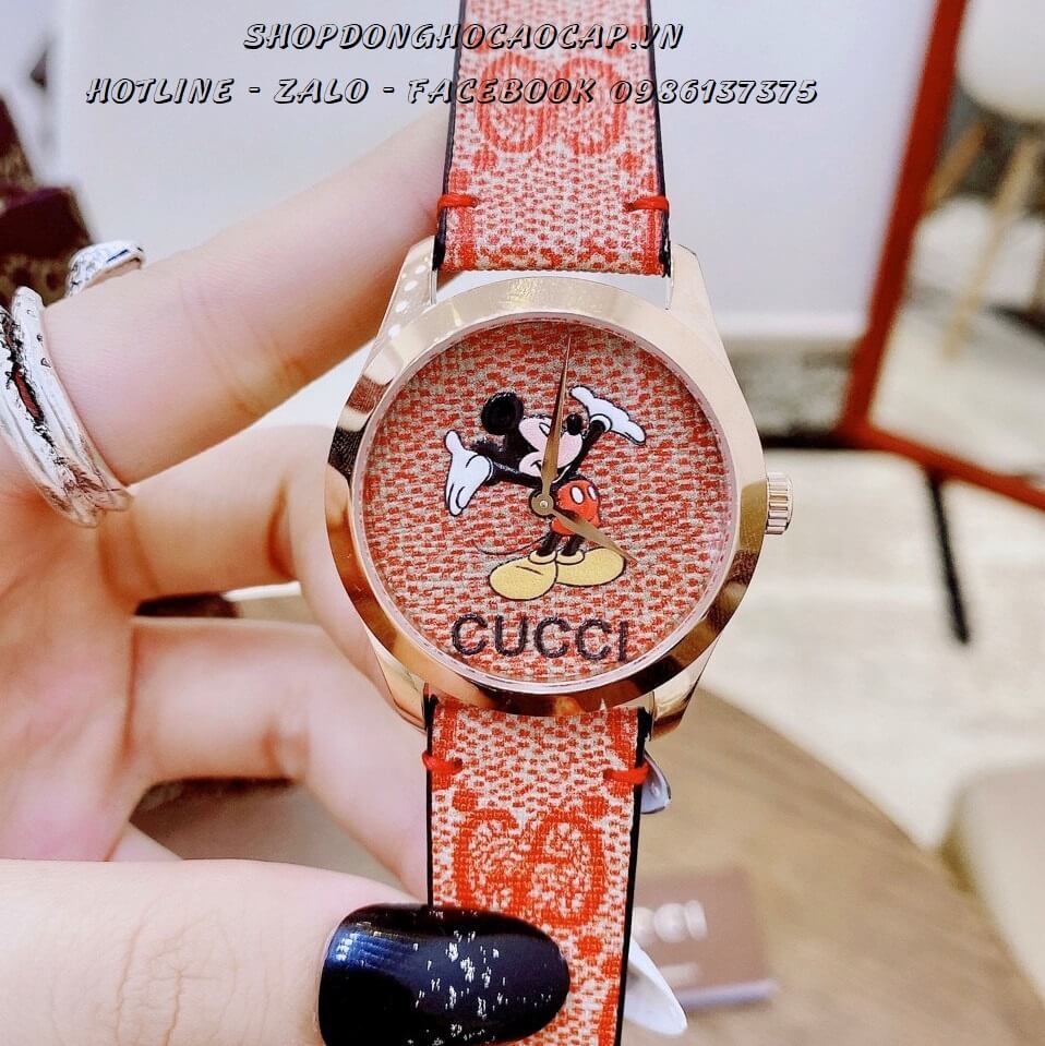 Đồng Hồ Gucci Disney Nữ Dây Da Carrot Rose Gold 37mm