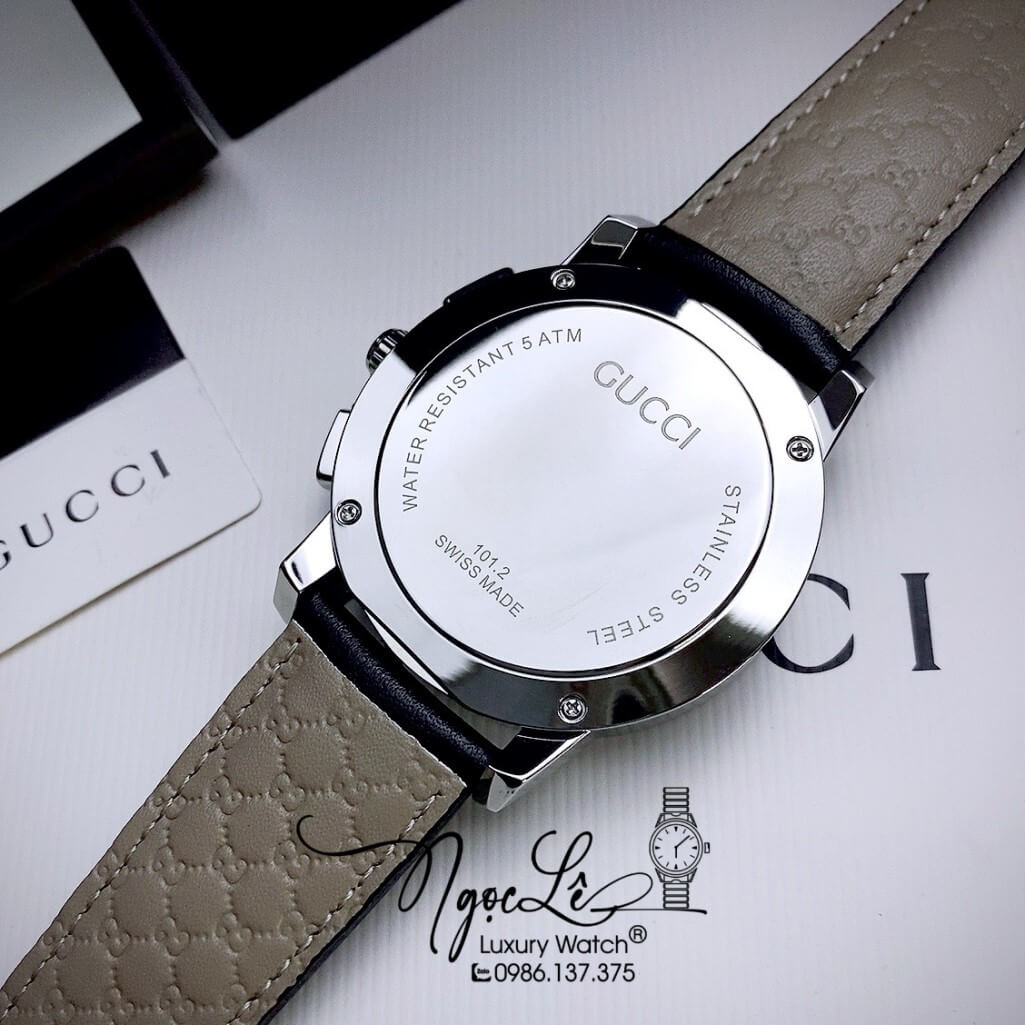 Đồng Hồ Gucci Nam Dây Da Đen Vỏ Thép Màu Bạc Size 42mm