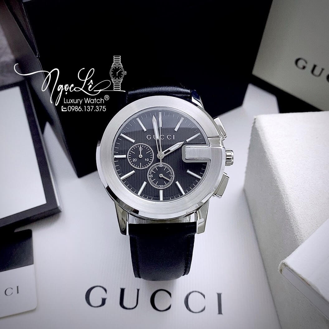 Đồng Hồ Gucci Nam Dây Da Đen Vỏ Thép Màu Bạc Size 42mm