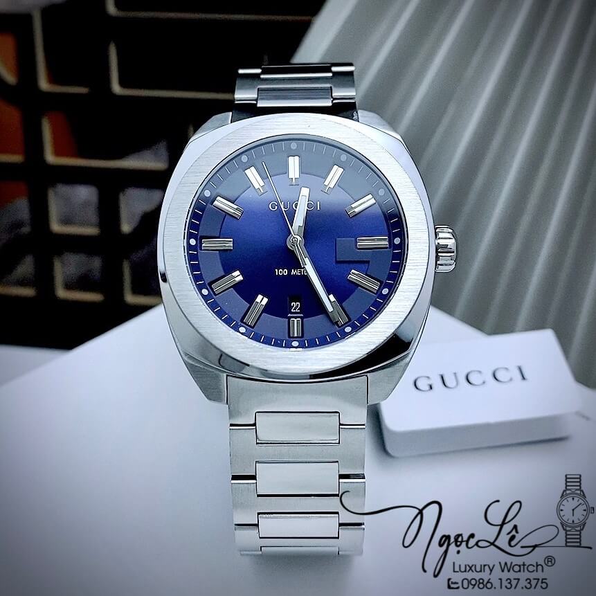 Đồng Hồ Gucci Nam Dây Kim Loại Màu Bạc Mặt Xanh Dương Size 41mm