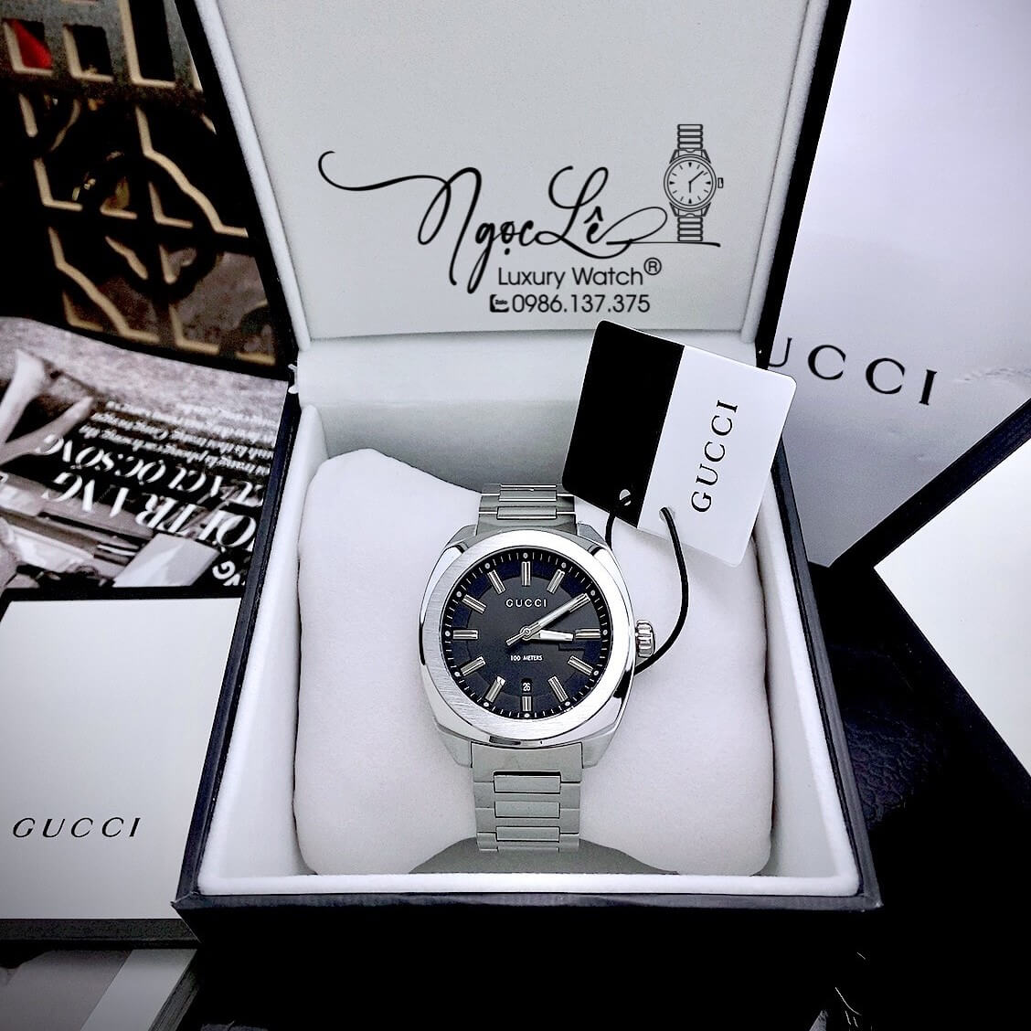 Đồng Hồ Gucci Nam Dây Kim Loại Màu Bạc Mặt Đen Size 41mm