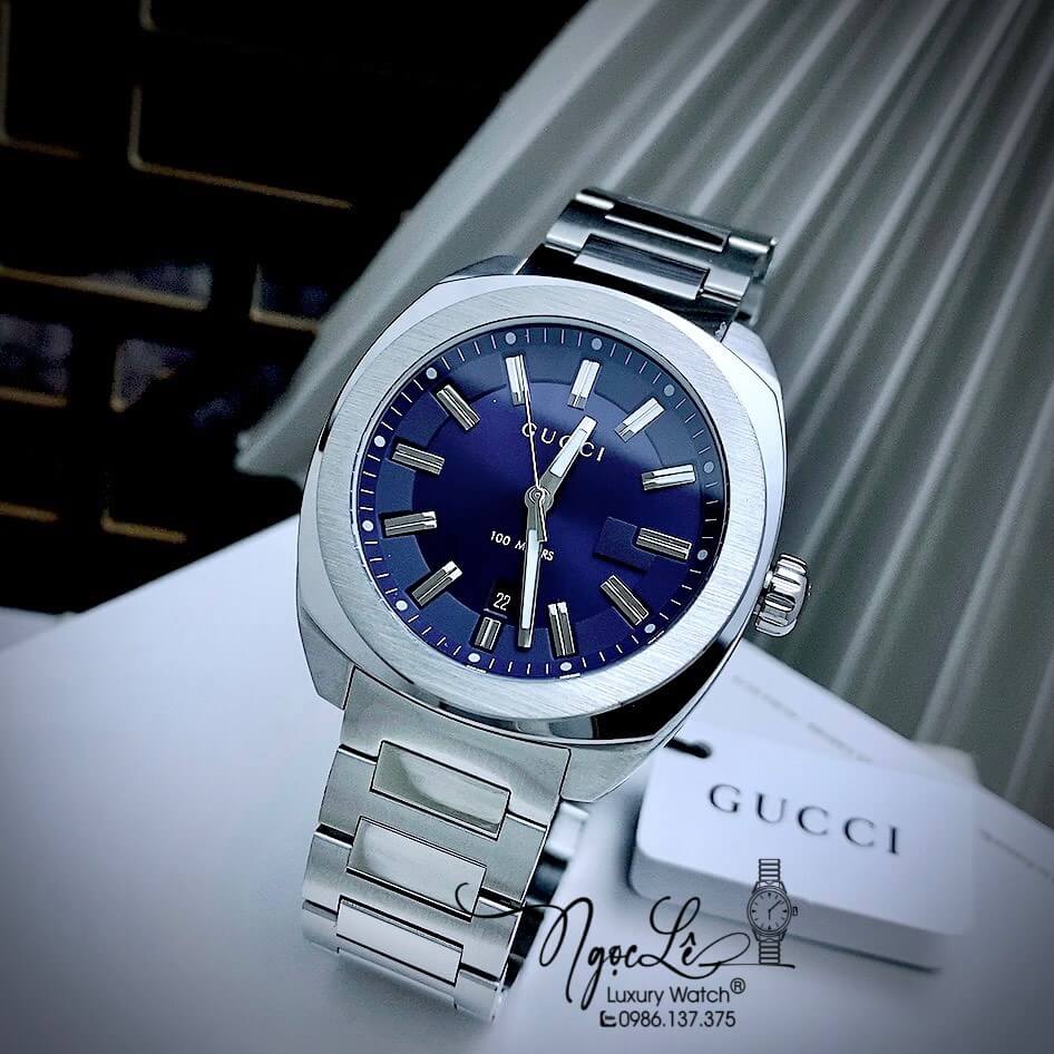 Đồng Hồ Gucci Nam Dây Kim Loại Màu Bạc Mặt Xanh Dương Size 41mm