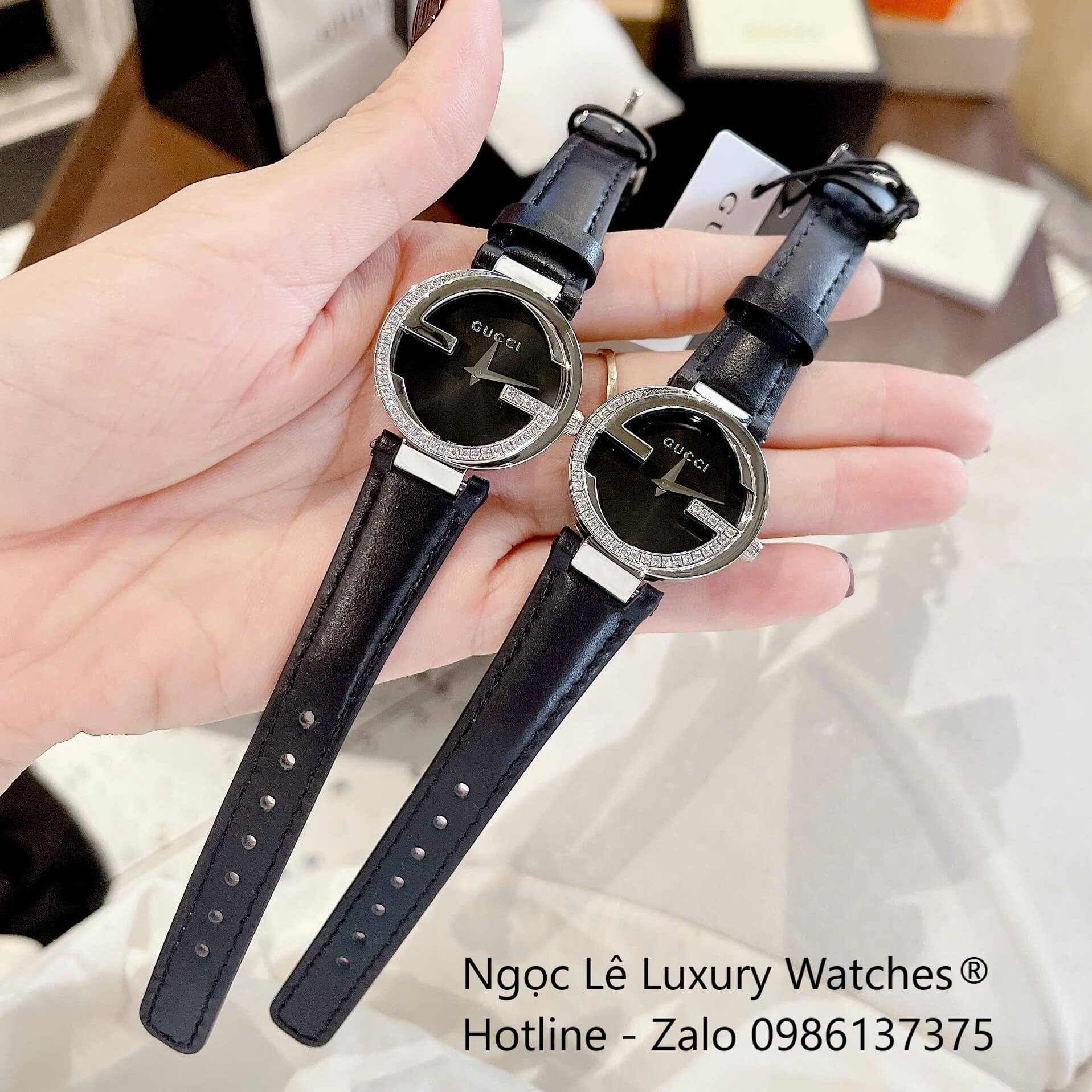 Đồng Hồ Nữ Gucci Interlocking Dây Da Đen Mặt Đen Vỏ Bạc Size 29mm - Quartz