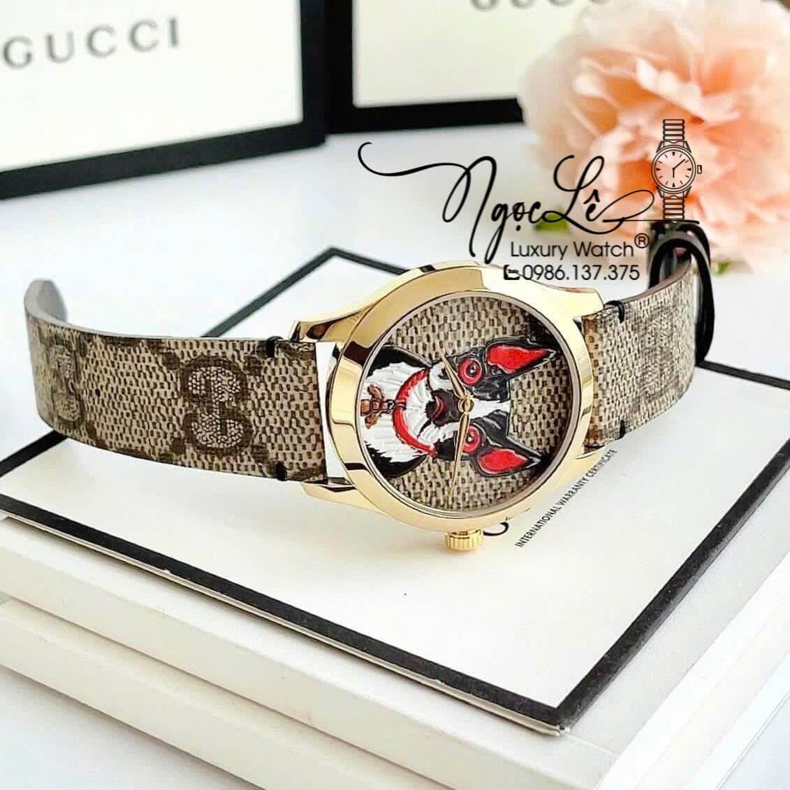Đồng Hồ Nữ Gucci G-Timeless YA1264056 Dây Da Màu Nâu Mặt Họa Tiết Chó Size 38mm