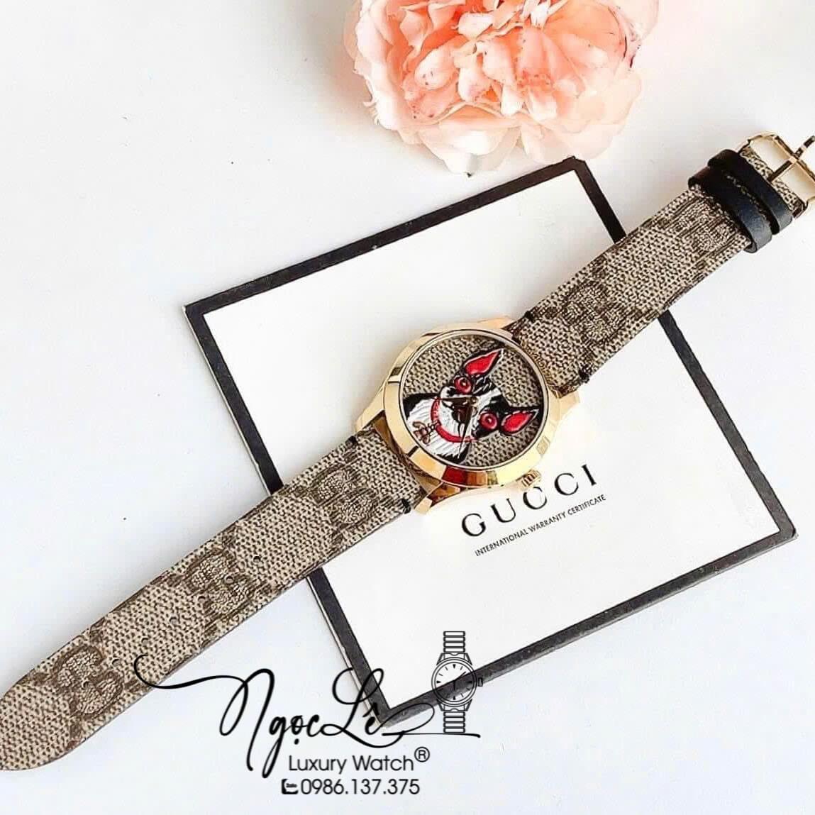 Đồng Hồ Nữ Gucci G-Timeless YA1264056 Dây Da Màu Nâu Mặt Họa Tiết Chó Size 38mm