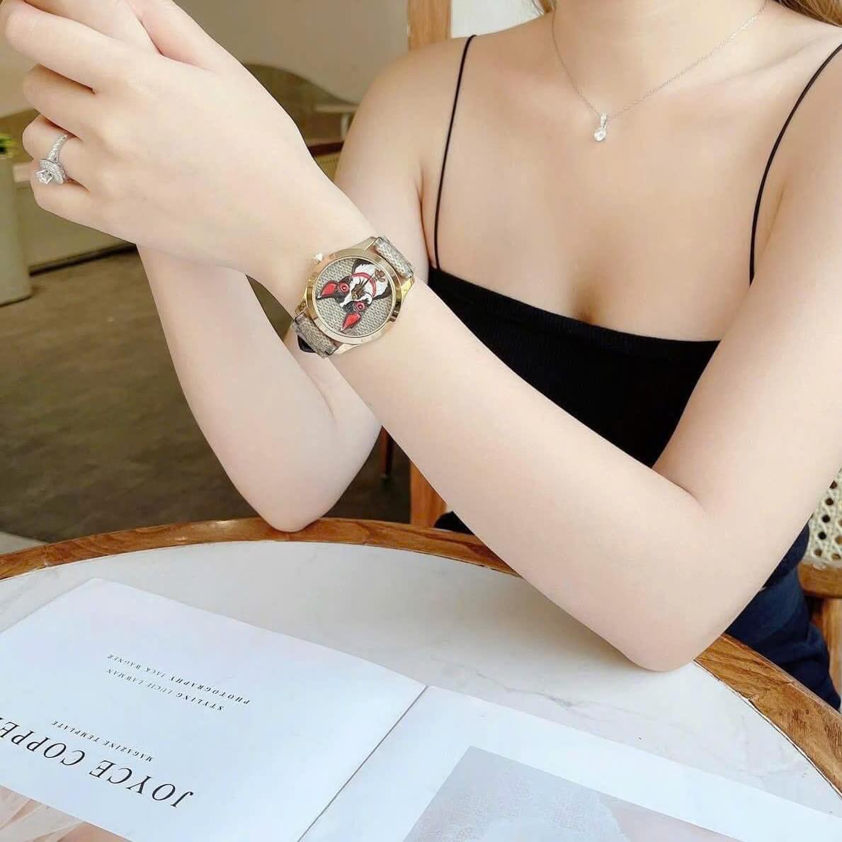 Đồng Hồ Nữ Gucci G-Timeless YA1264056 Dây Da Màu Nâu Mặt Họa Tiết Chó Size 38mm