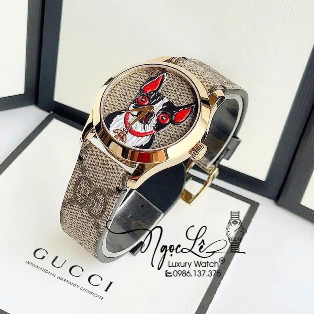 Đồng Hồ Nữ Gucci G-Timeless YA1264056 Dây Da Màu Nâu Mặt Họa Tiết Chó Size 38mm