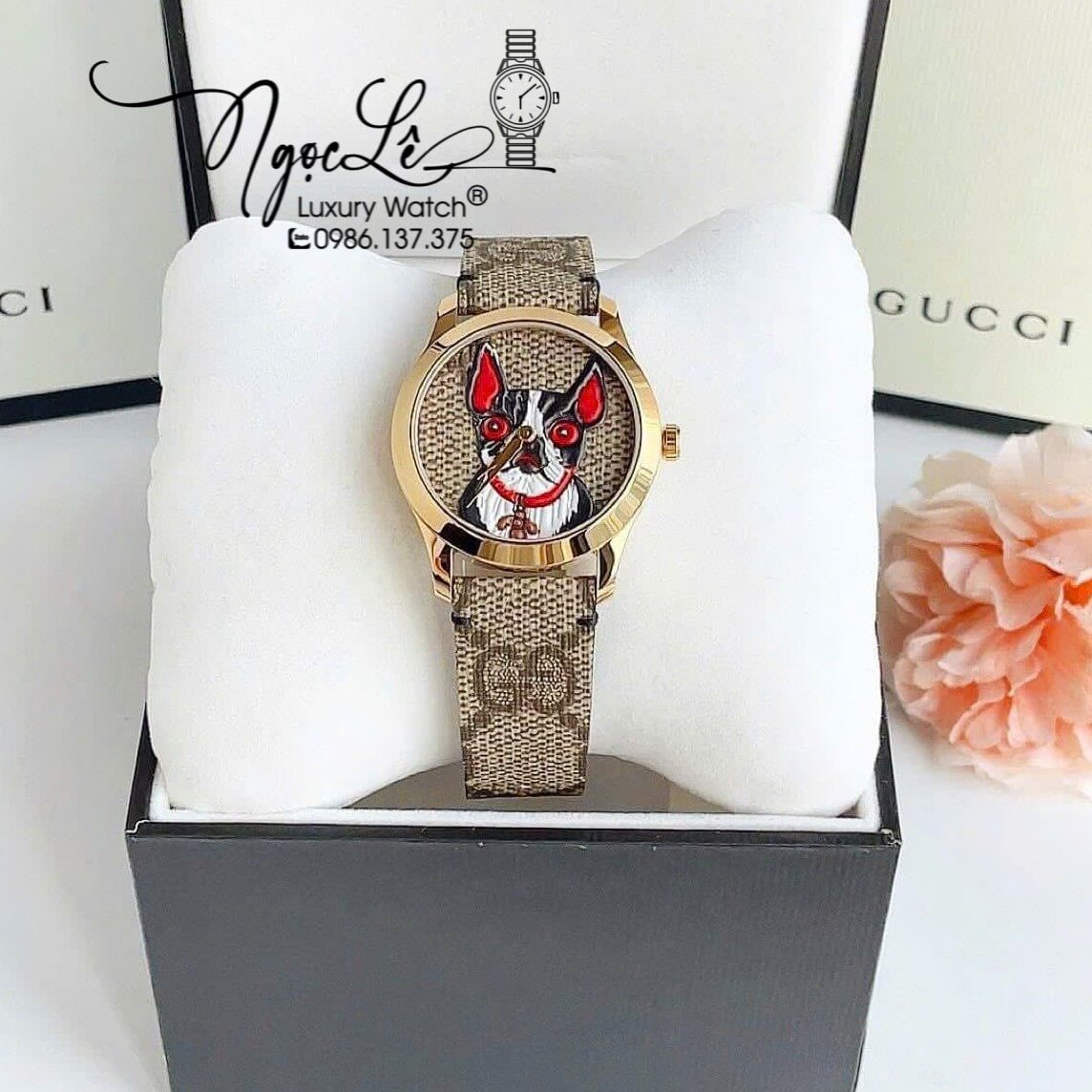 Đồng Hồ Nữ Gucci G-Timeless YA1264056 Dây Da Màu Nâu Mặt Họa Tiết Chó Size 38mm