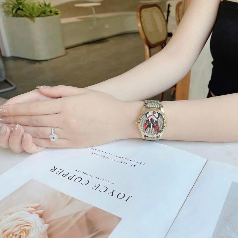 Đồng Hồ Nữ Gucci G-Timeless YA1264056 Dây Da Màu Nâu Mặt Họa Tiết Chó Size 38mm