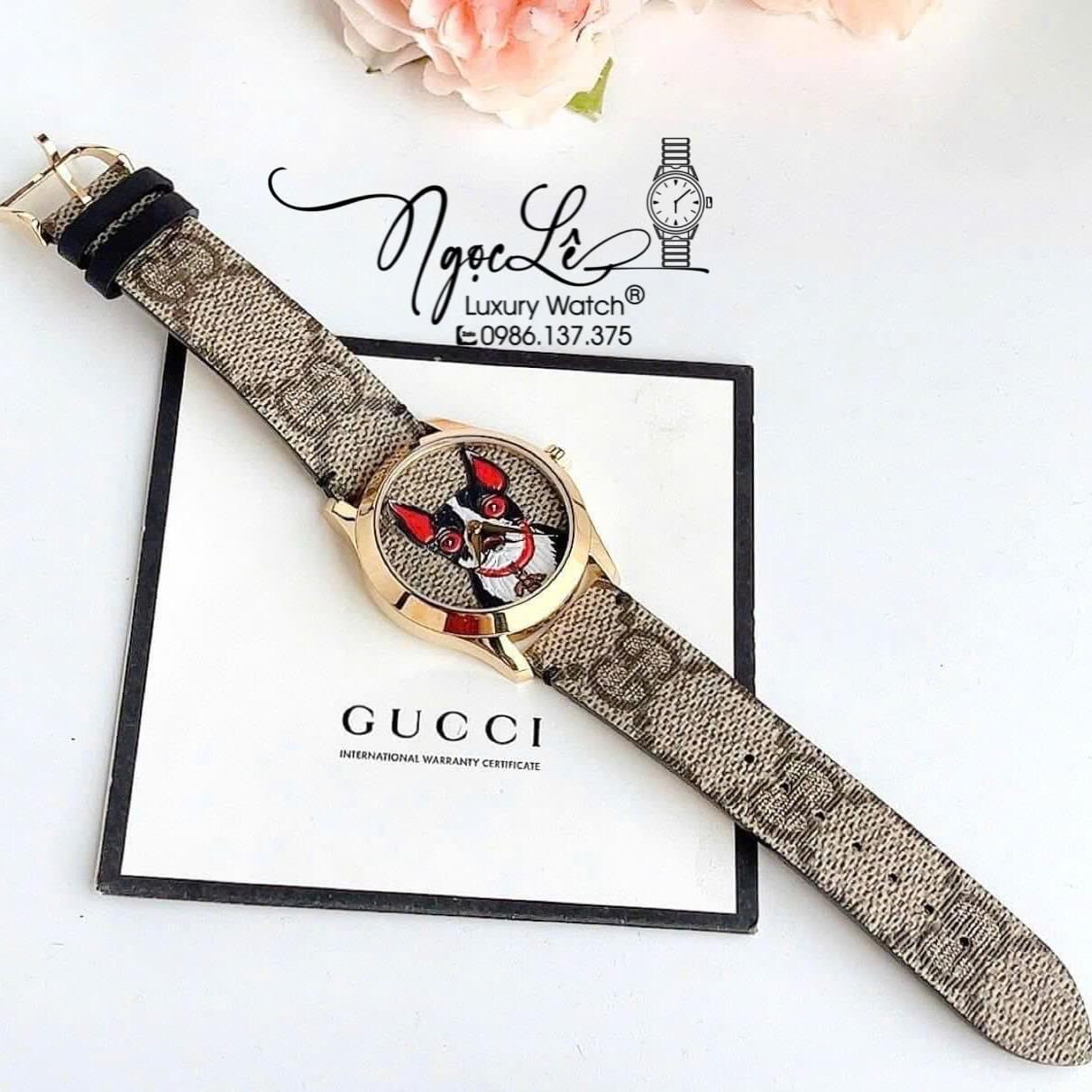 Đồng Hồ Nữ Gucci G-Timeless YA1264056 Dây Da Màu Nâu Mặt Họa Tiết Chó Size 38mm