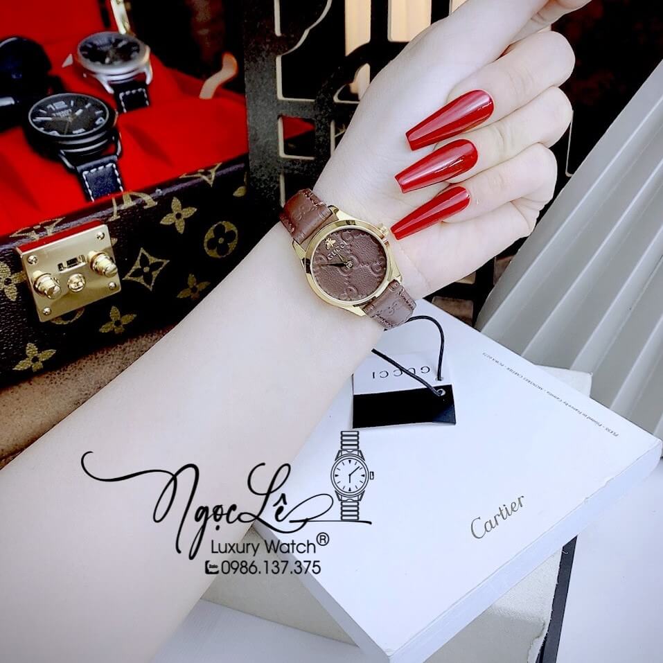 Đồng Hồ Nữ Gucci G-Timeless Dây Da Nâu Size 27mm Siêu Cấp