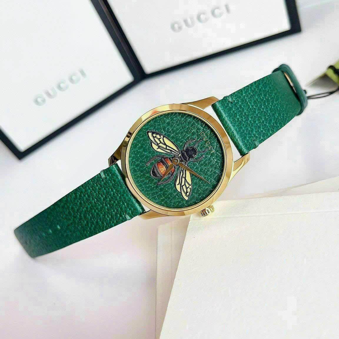 Đồng Hồ Nữ Gucci Dây Da Xanh Lá Mặt Ong Size 37mm - Gucci YA1264065