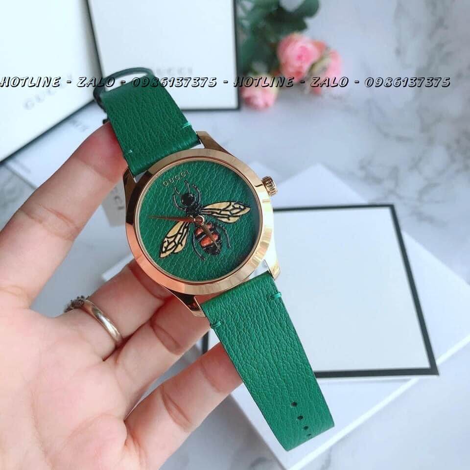 Đồng Hồ Gucci Nữ Dây Da Xanh Mặt Ong 33mm YA1264065