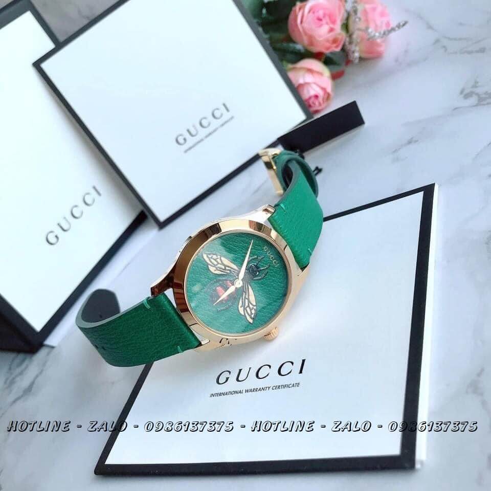 Đồng Hồ Gucci Nữ Dây Da Xanh Mặt Ong 33mm YA1264065