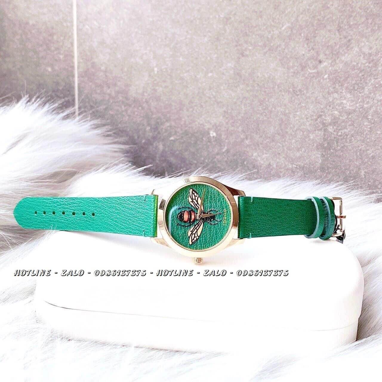 Đồng Hồ Gucci Nữ Dây Da Xanh Mặt Ong 33mm YA1264065