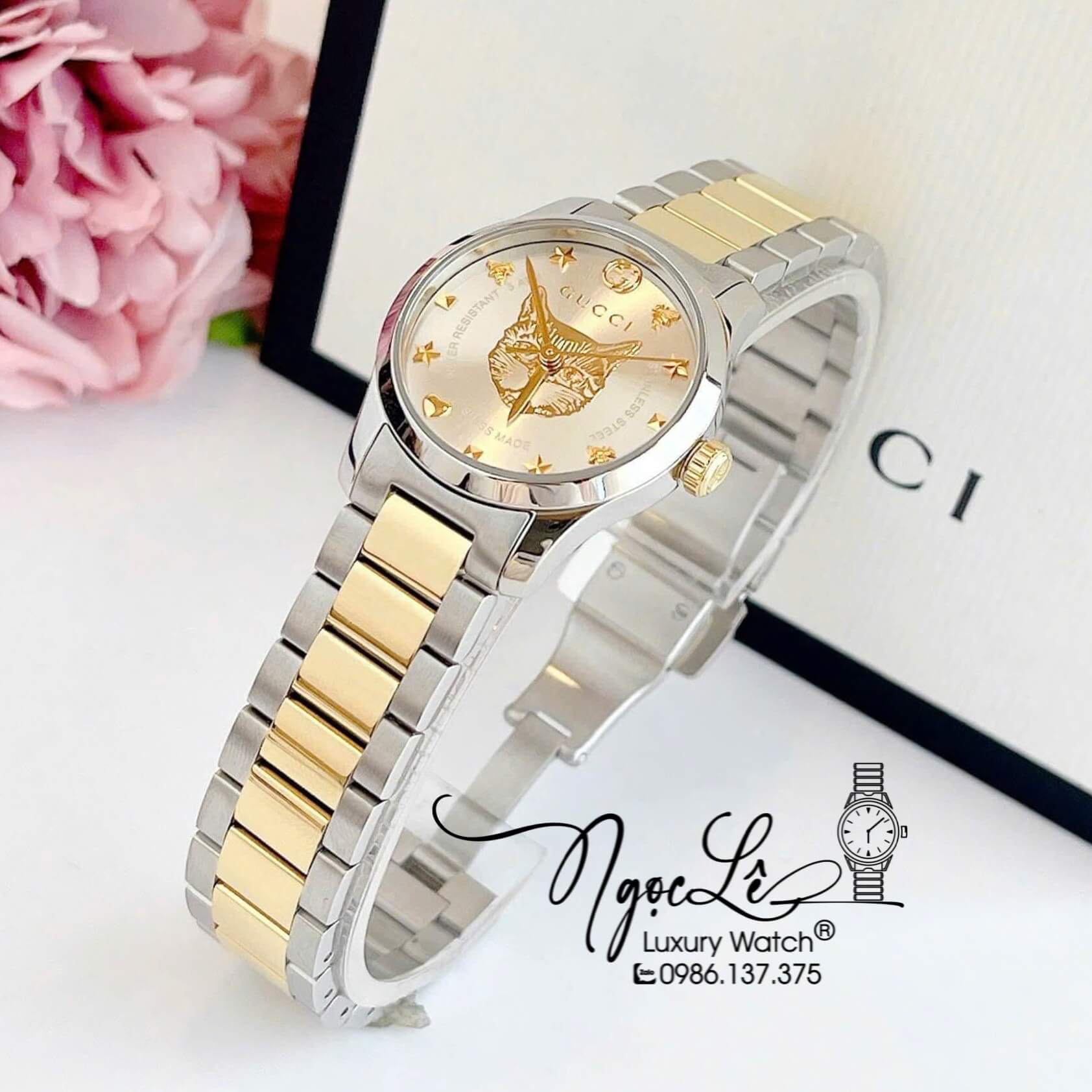 Đồng Hồ Gucci Nữ Dây Kim Loại Demi Vàng Mặt Họa Tiết Cú Mèo Size 28mm - YA1265016