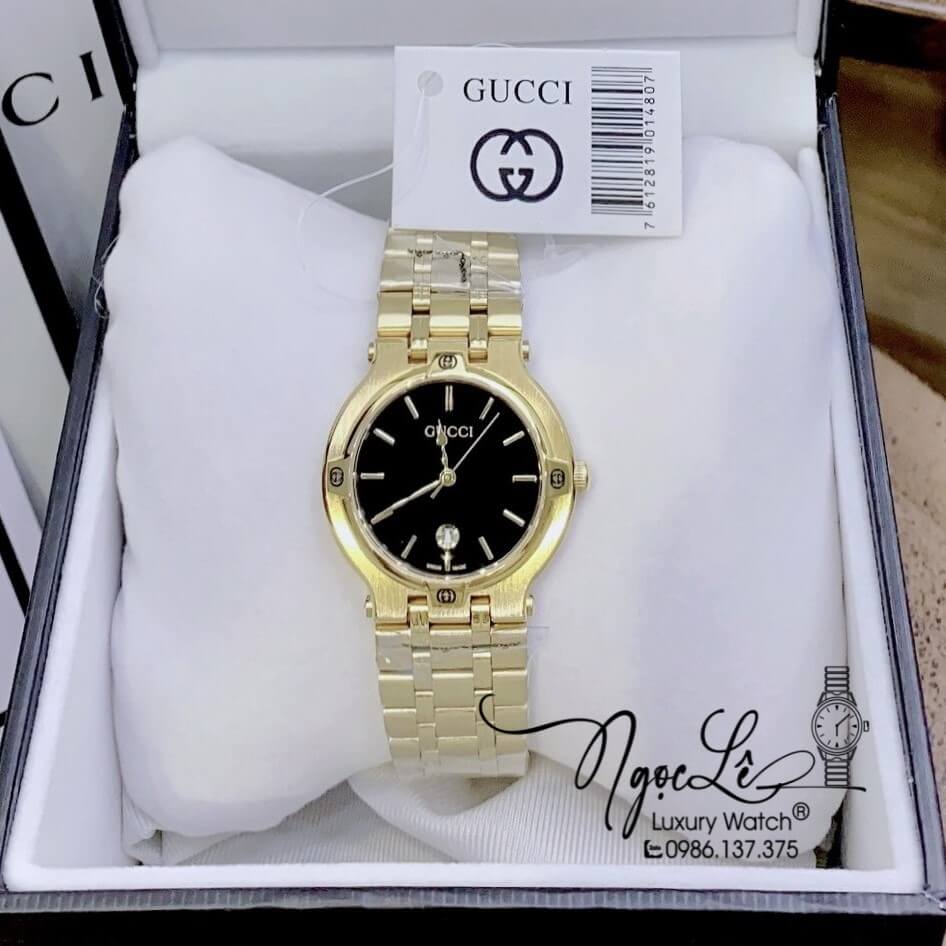 Đồng Hồ Nữ Gucci Vintage Dây Kim Loại Màu Vàng Mặt Đen Size 32mm