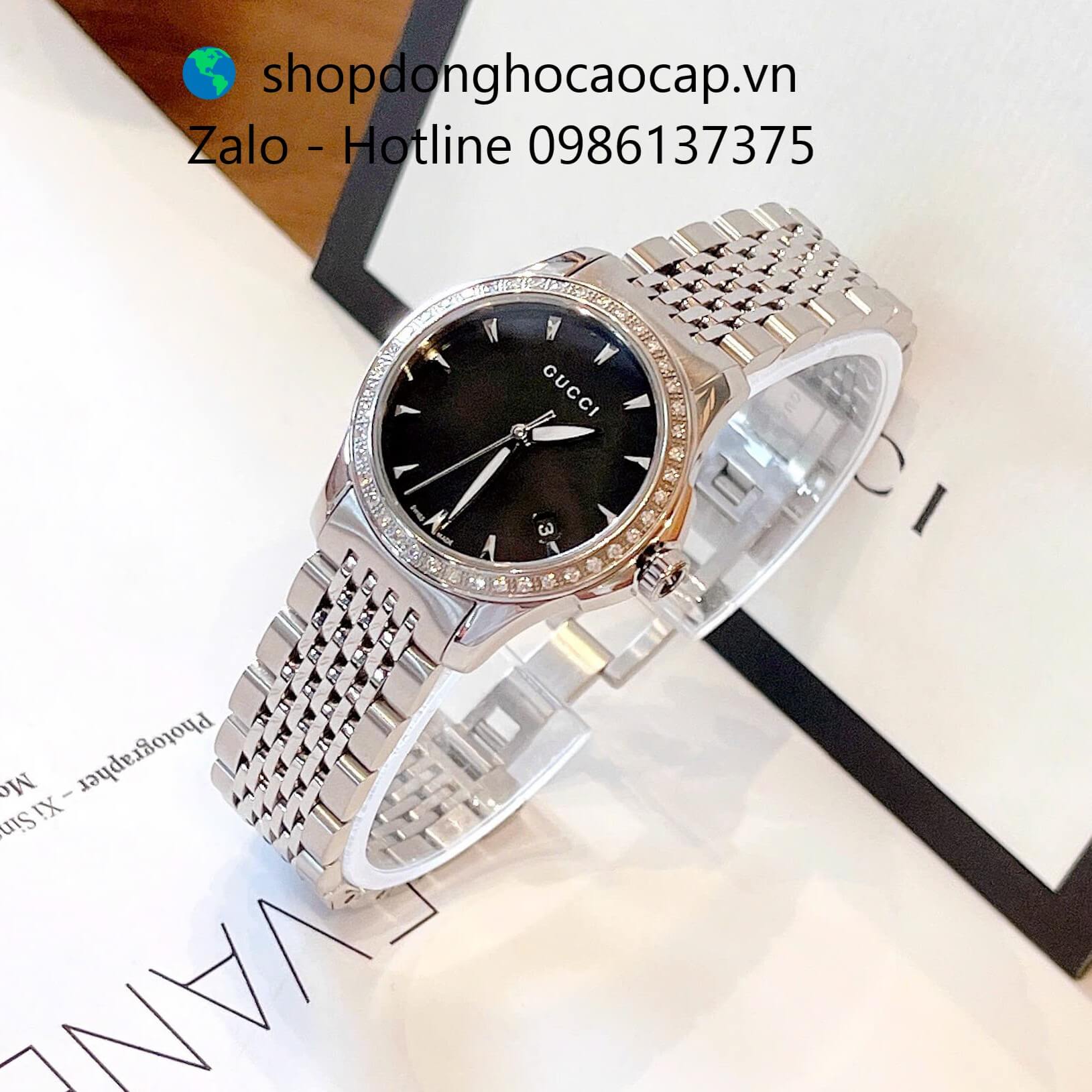 Đồng hồ Gucci nữ dây thép bạc mặt đen viền đá size 28mm - Gucci G-Timeless Quartz