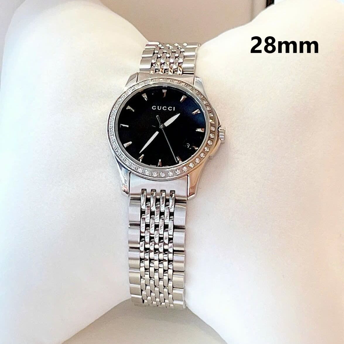 Đồng hồ Gucci nữ dây thép bạc mặt đen viền đá size 28mm - Gucci G-Timeless Quartz