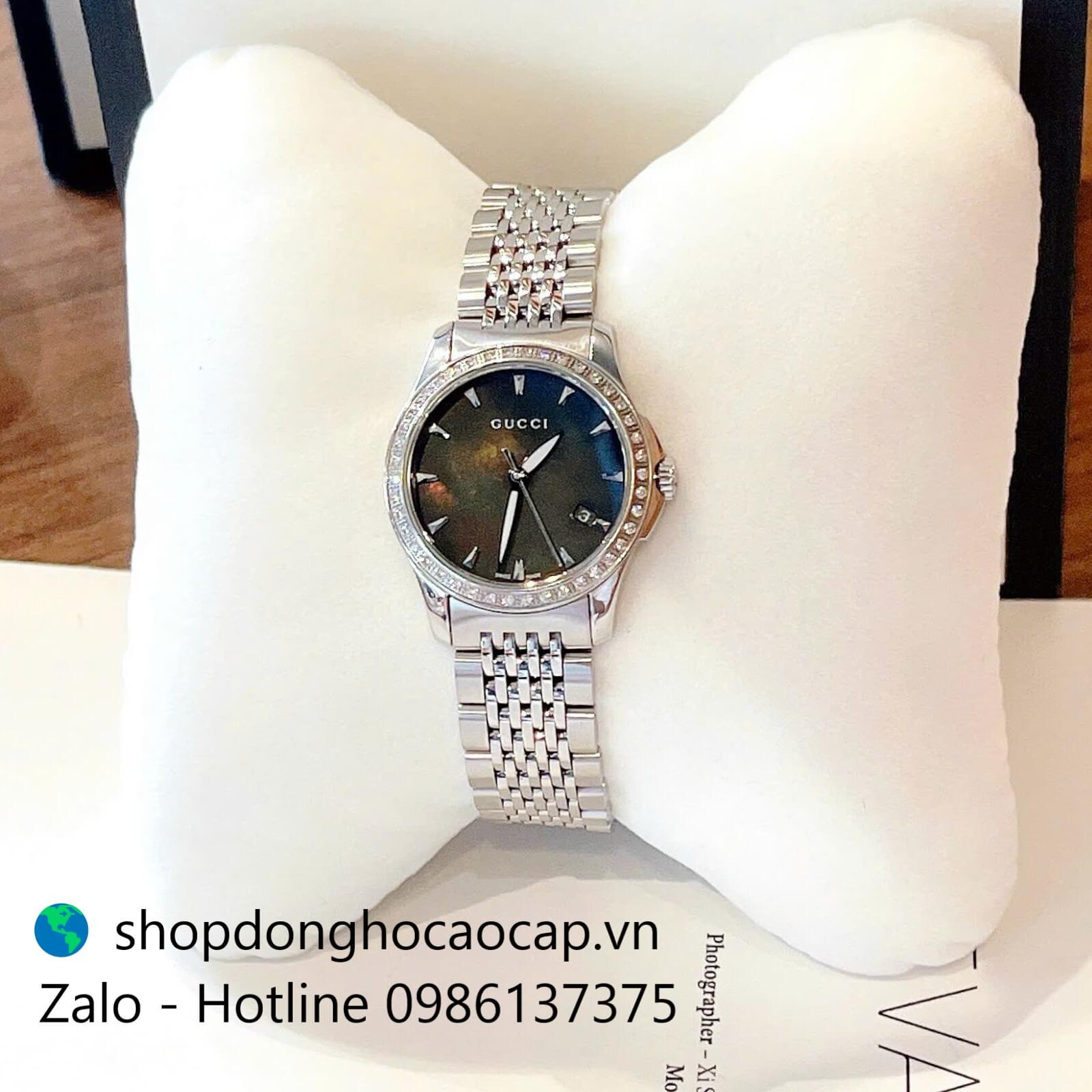 Đồng hồ Gucci nữ dây thép bạc mặt đen viền đá size 28mm - Gucci G-Timeless Quartz