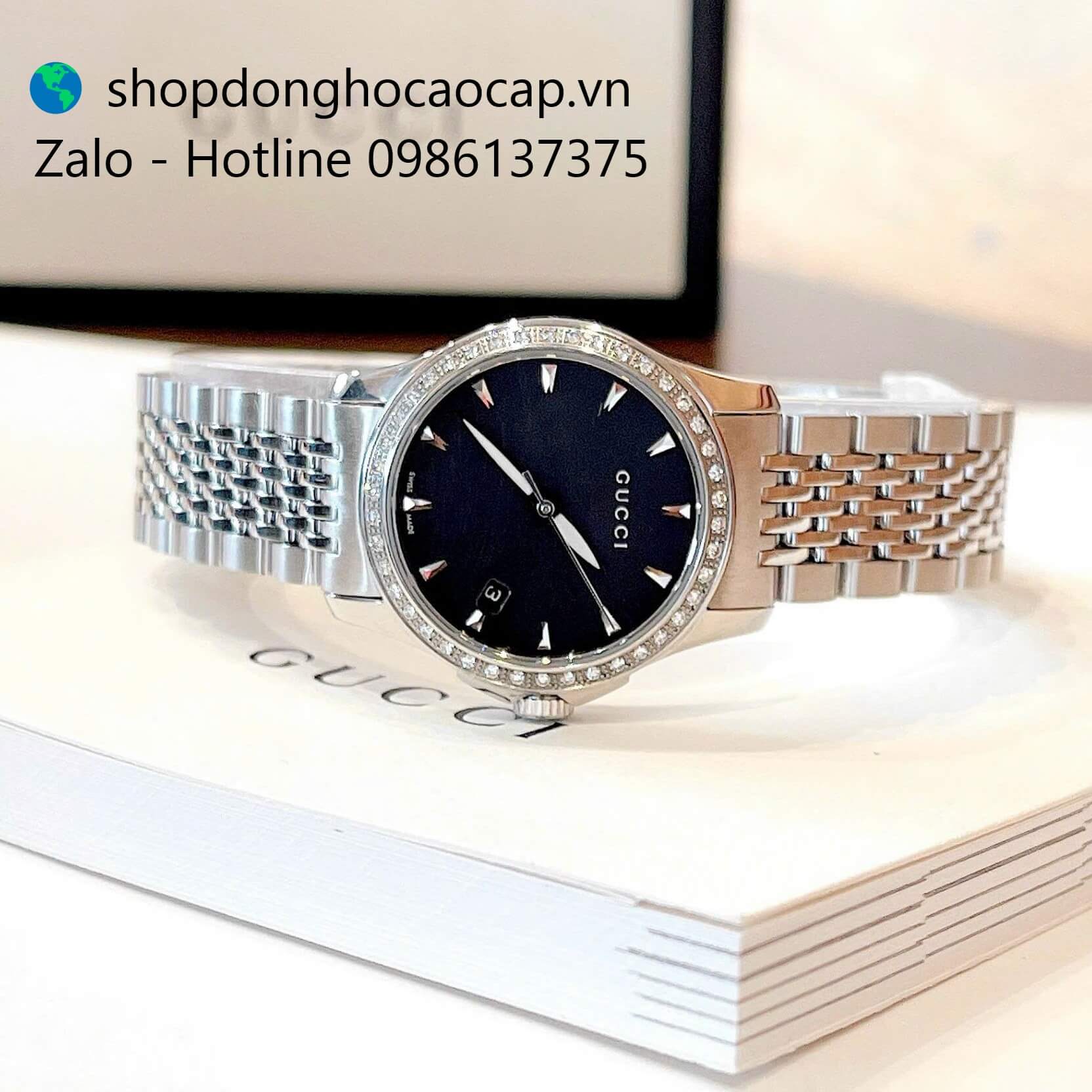 Đồng hồ Gucci nữ dây thép bạc mặt đen viền đá size 28mm - Gucci G-Timeless Quartz