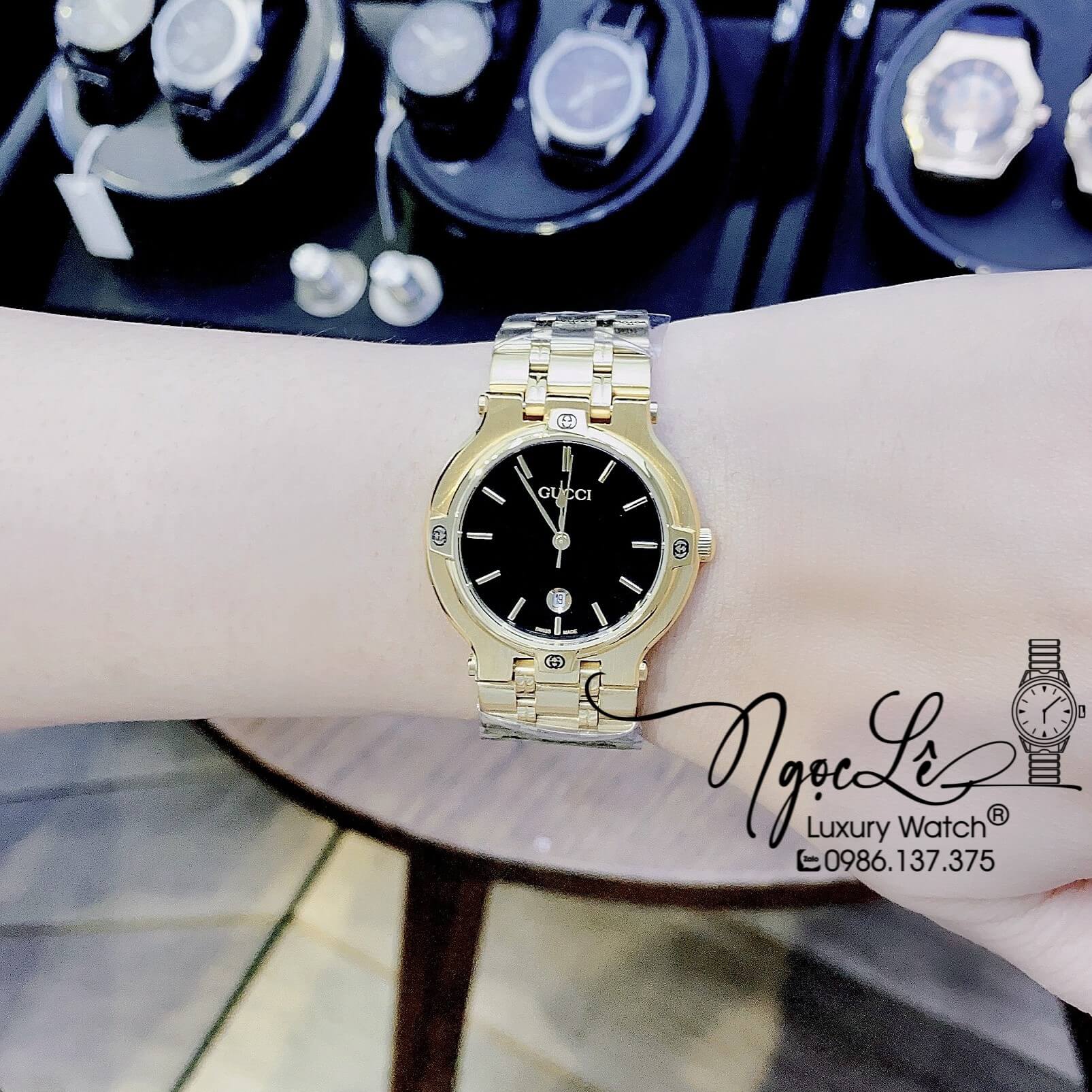 Đồng Hồ Nữ Gucci Vintage Dây Kim Loại Màu Vàng Mặt Đen Size 32mm