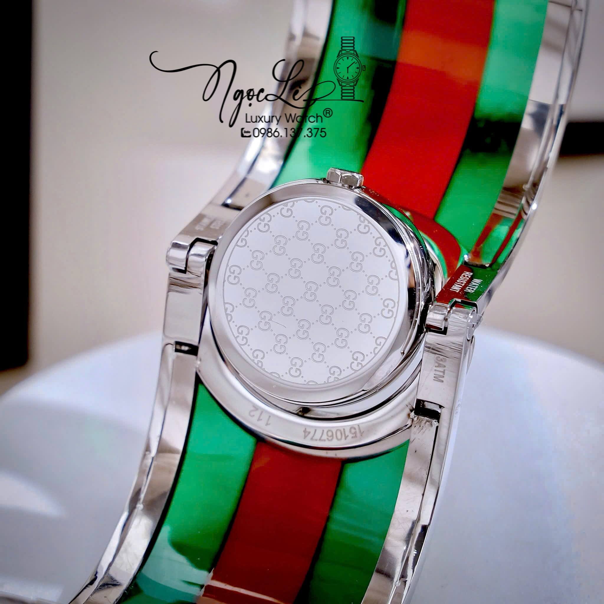 Đồng Hồ Gucci Twirl Nữ Dáng Lắc Tay Màu Bạc Sọc Xanh Đỏ Cao Cấp Size 23mm