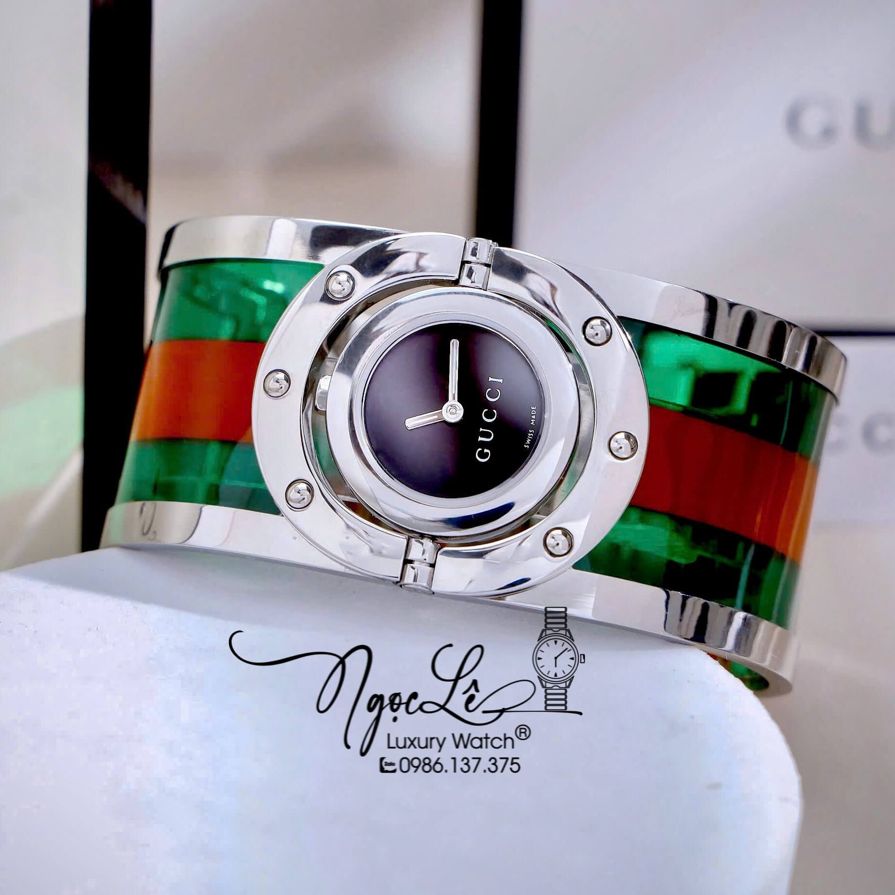 Đồng Hồ Gucci Twirl Nữ Dáng Lắc Tay Màu Bạc Sọc Xanh Đỏ Cao Cấp Size 23mm