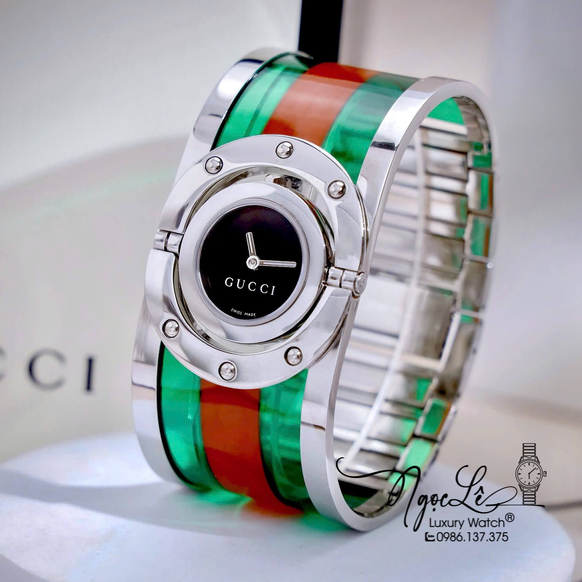 Đồng Hồ Gucci Twirl Nữ Dáng Lắc Tay Màu Bạc Sọc Xanh Đỏ Cao Cấp Size 23mm