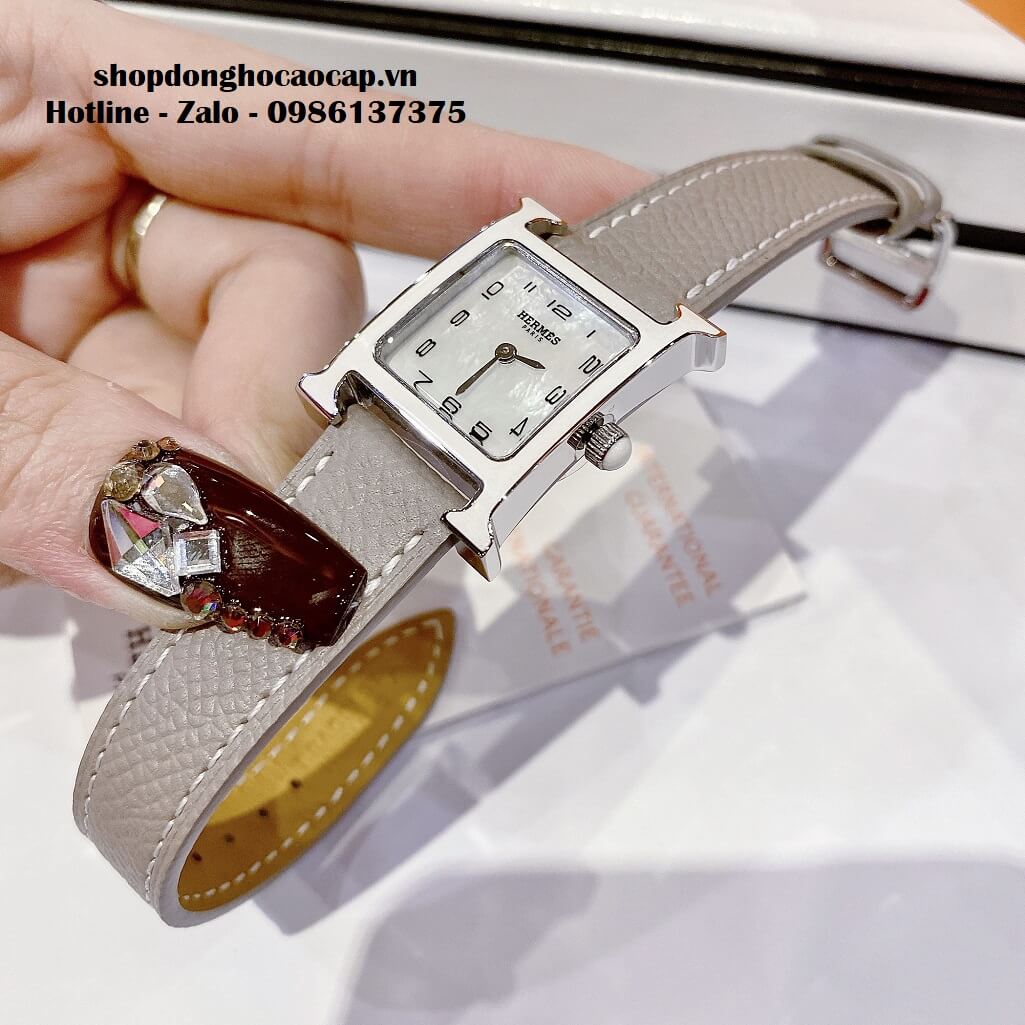 Đồng Hồ Nữ Hermes H Hour Small PM 21x21mm Dây Da Xám