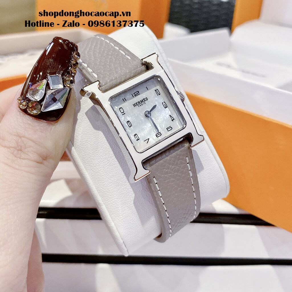 Đồng Hồ Nữ Hermes H Hour Small PM 21x21mm Dây Da Xám