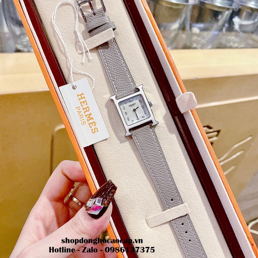 Đồng Hồ Nữ Hermes H Hour Small PM 21x21mm Dây Da Xám