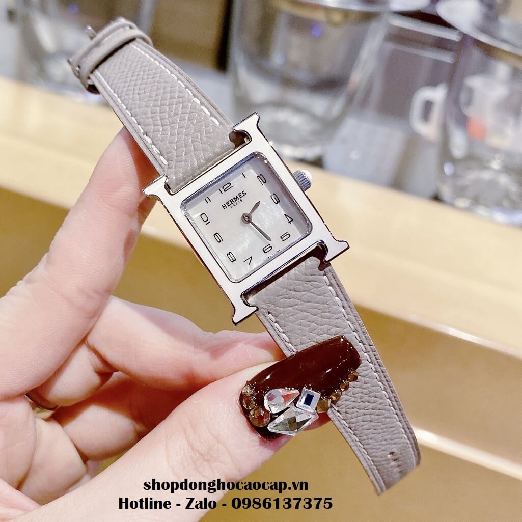 Đồng Hồ Nữ Hermes H Hour Small PM 21x21mm Dây Da Xám