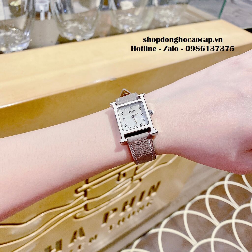 Đồng Hồ Nữ Hermes H Hour Small PM 21x21mm Dây Da Xám