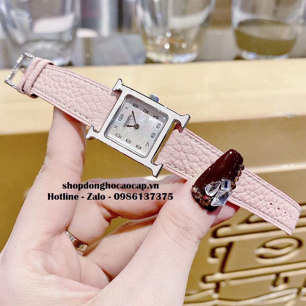 Đồng Hồ Nữ Hermes H Hour Small PM 21x21mm Dây Da Hồng Phấn