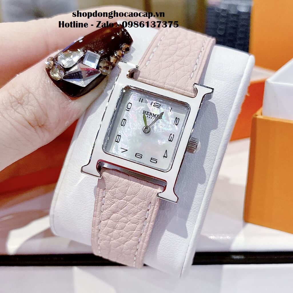 Đồng Hồ Nữ Hermes H Hour Small PM 21x21mm Dây Da Hồng Phấn