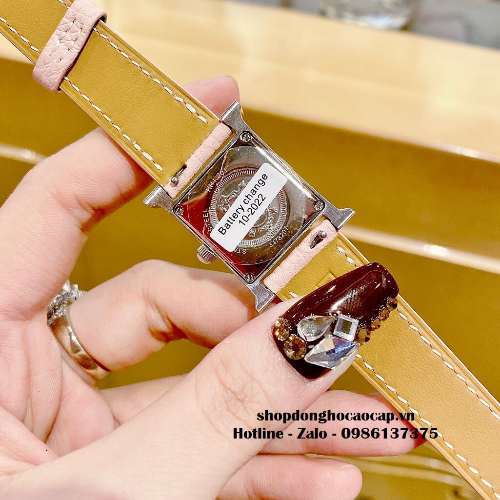 Đồng Hồ Nữ Hermes H Hour Small PM 21x21mm Dây Da Hồng Phấn